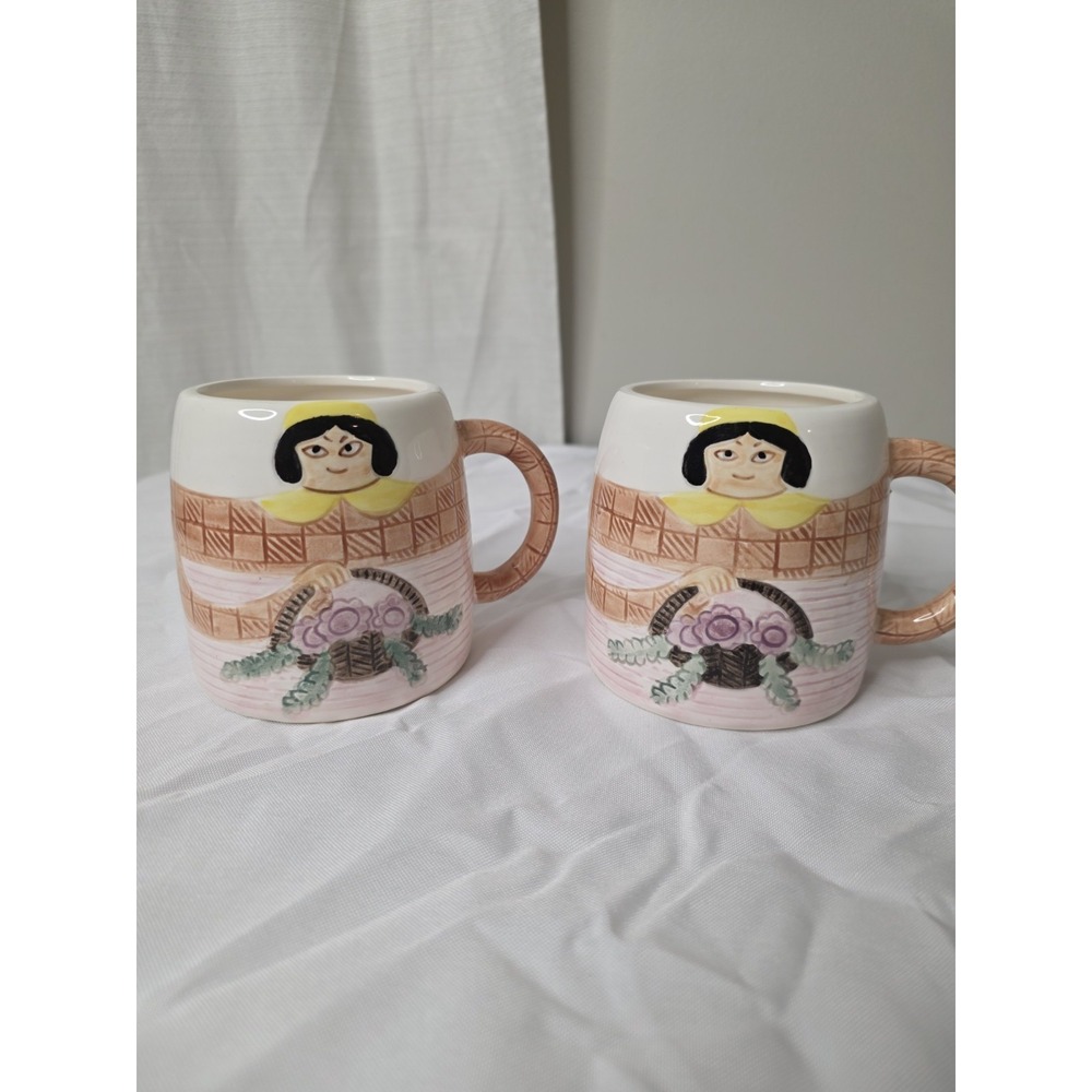 Pier 1 Imports Mug Coffee Cup Lady With Flower Basket Japan Set of 2 Vintage Mug